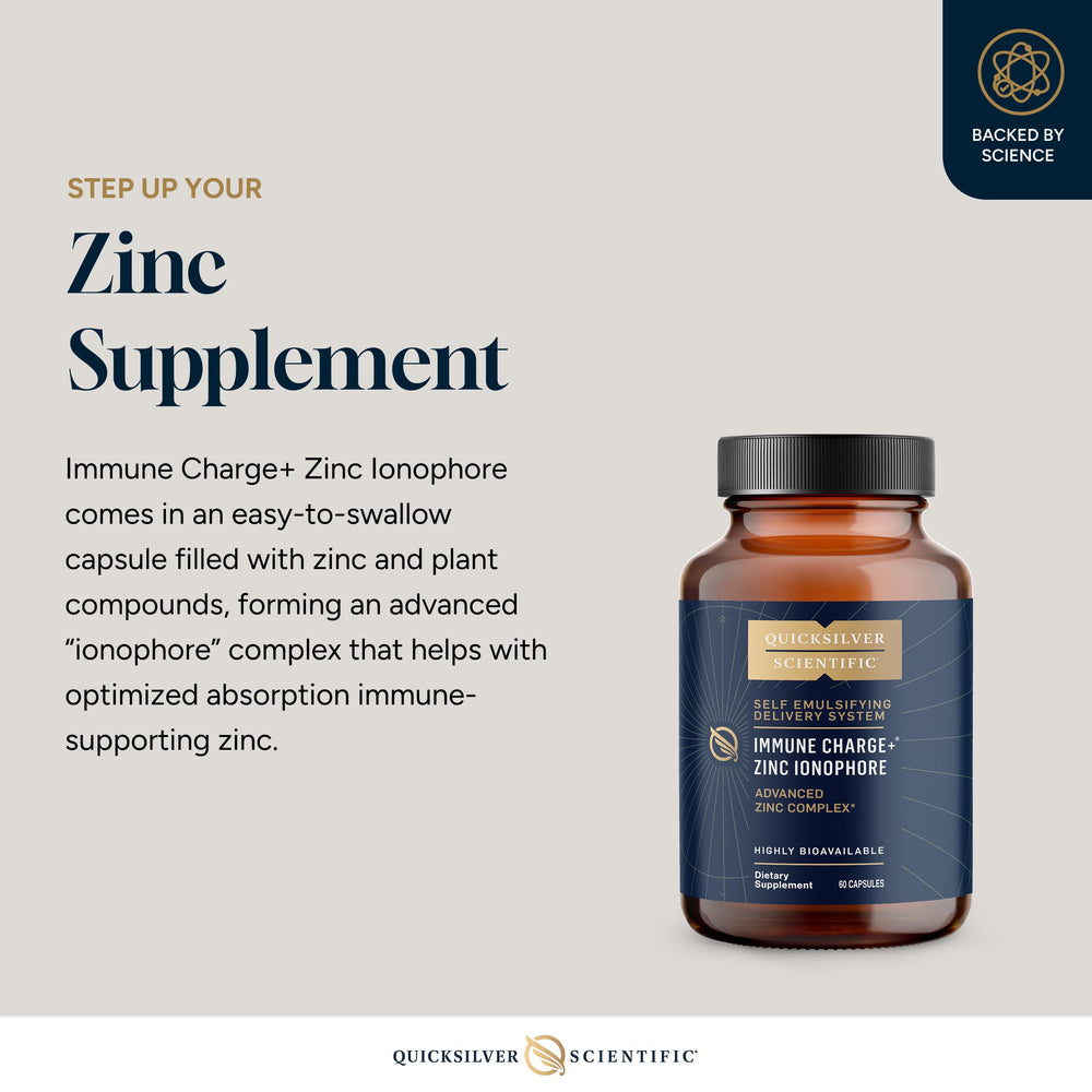Quicksilver Scientific Immune Charge softgels ready with water for easy daily zinc delivery.