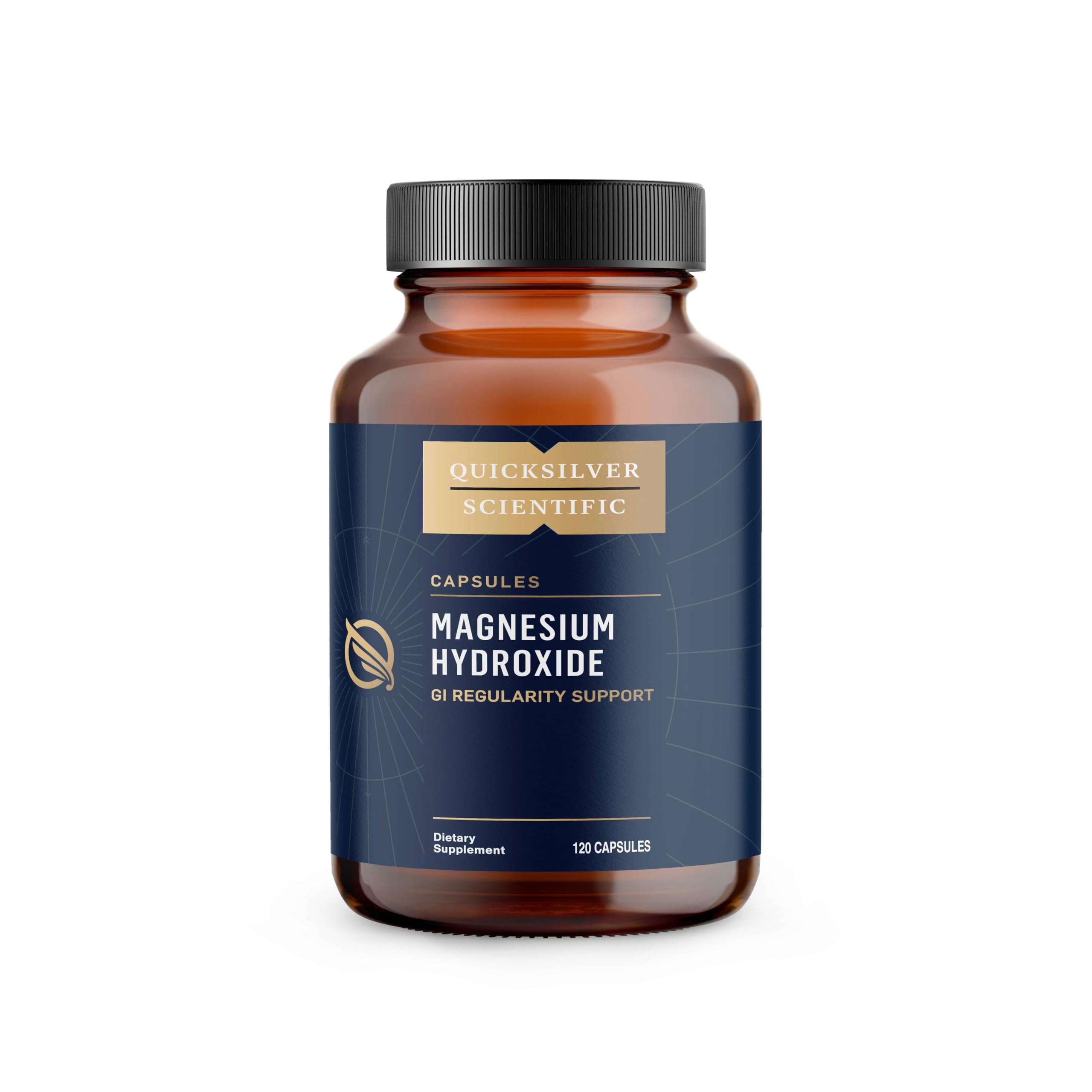 Quicksilver Scientific Magnesium Hydroxide capsules on bottle supporting GI regularity.
