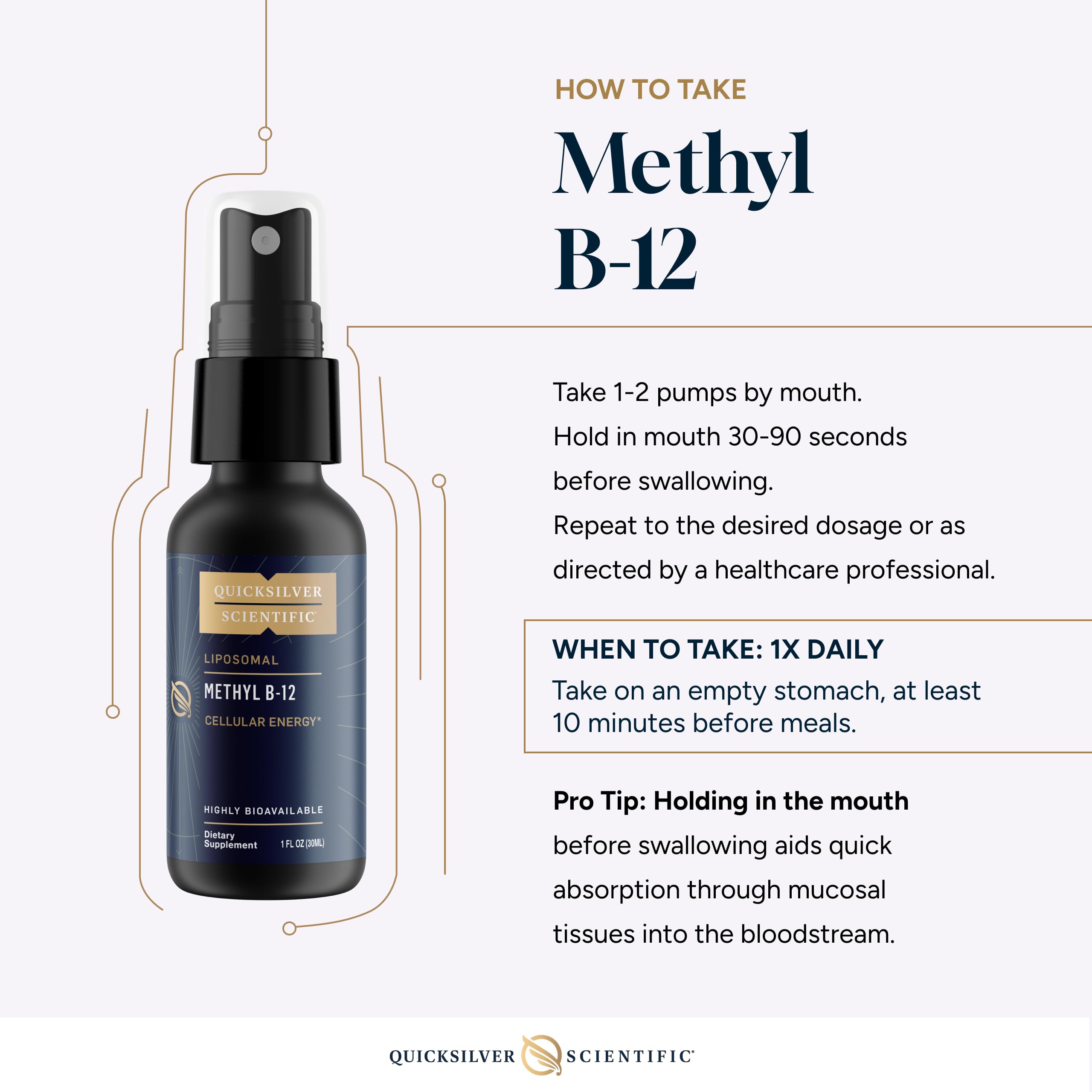 Quicksilver Scientific Methyl B12 bottle with vegan, clear liposomal liquid.
