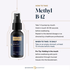 Quicksilver Scientific Methyl B12 bottle with vegan, clear liposomal liquid.
