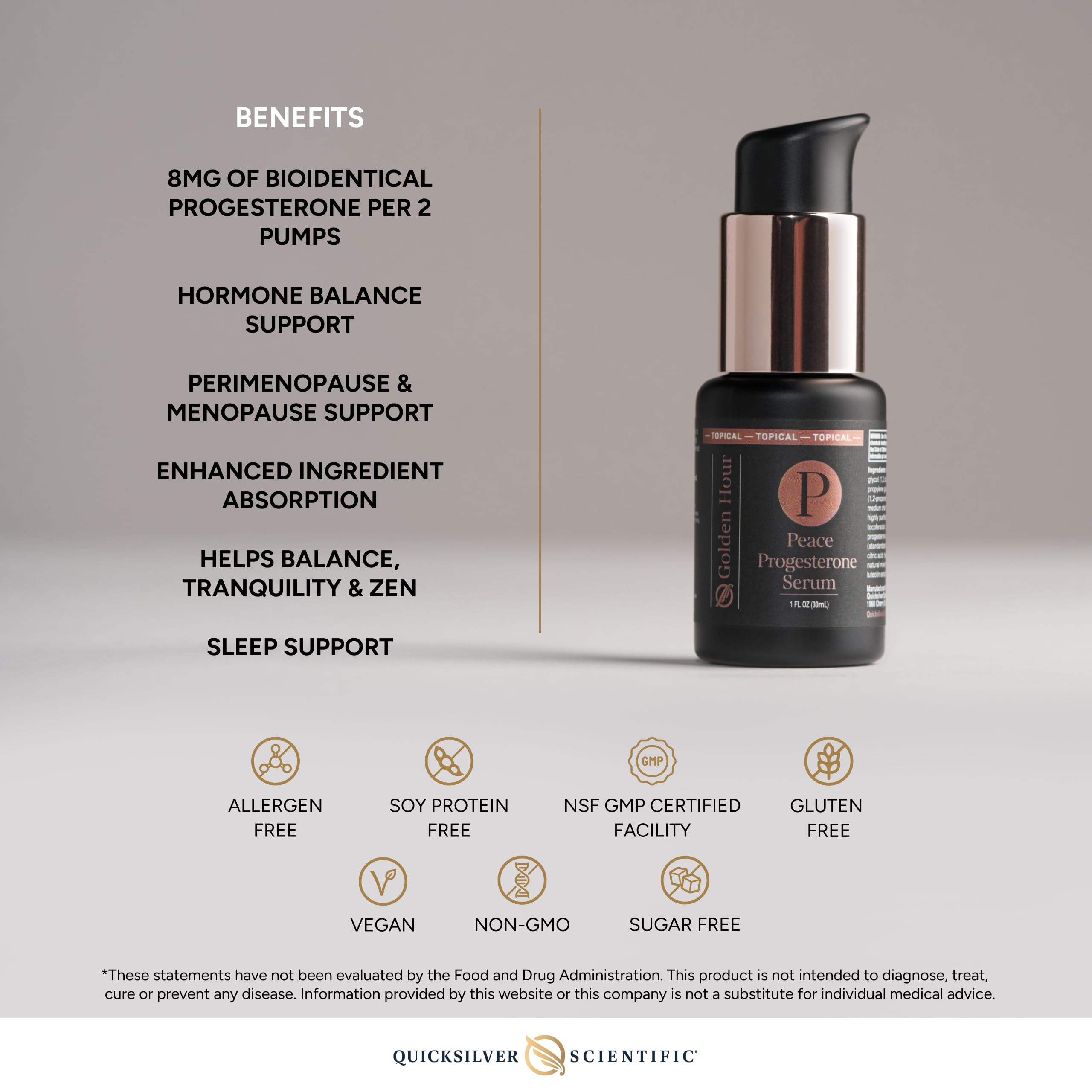 Quicksilver Scientific Peace Serum golden-hour packaging for premium use