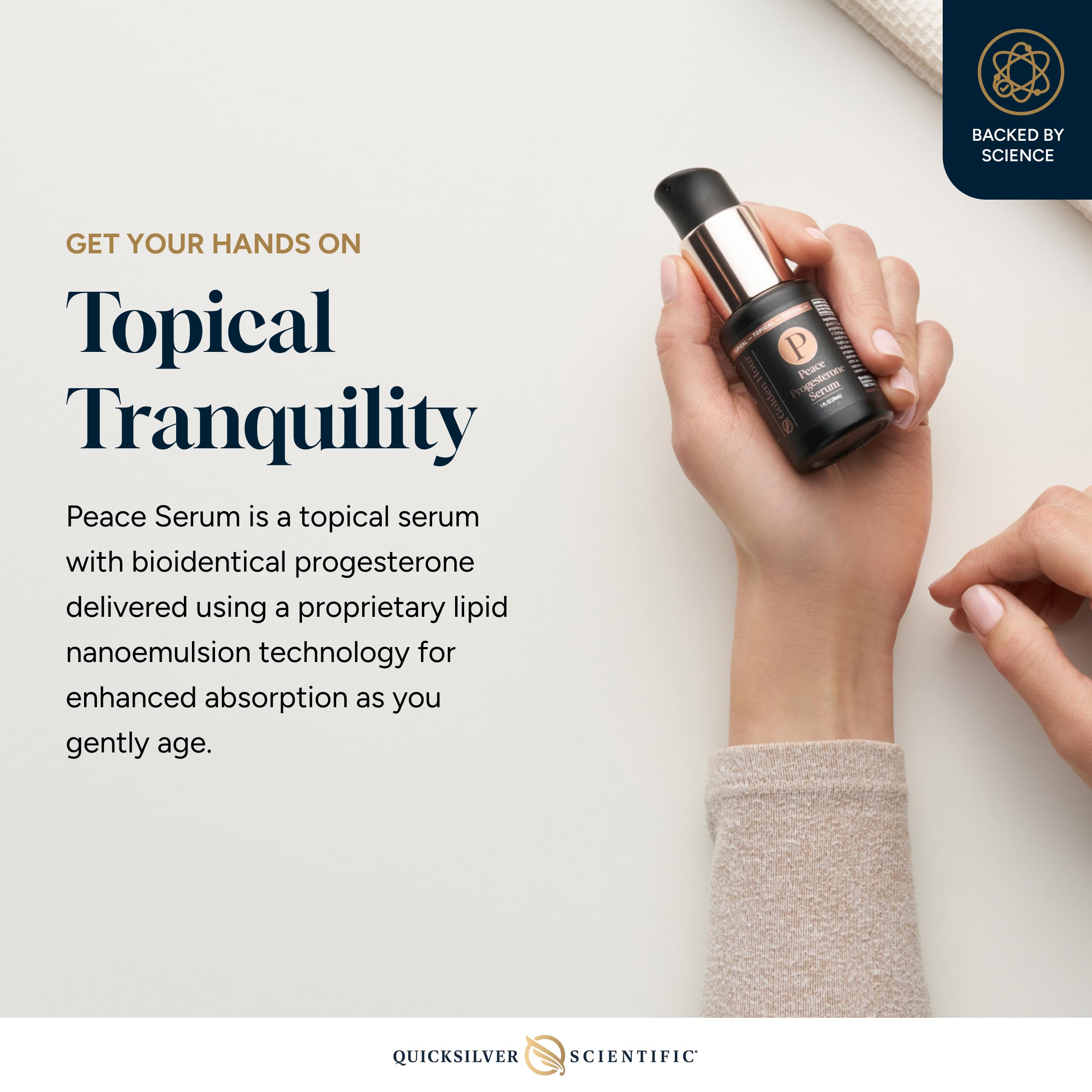 Quicksilver Scientific Peace Serum texture close-up showing silky consistency