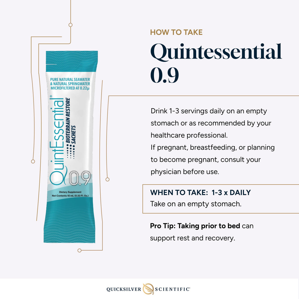 Quicksilver Scientific Quintessential 0.9 sachets labeled 78 minerals for potential daily nourishment.