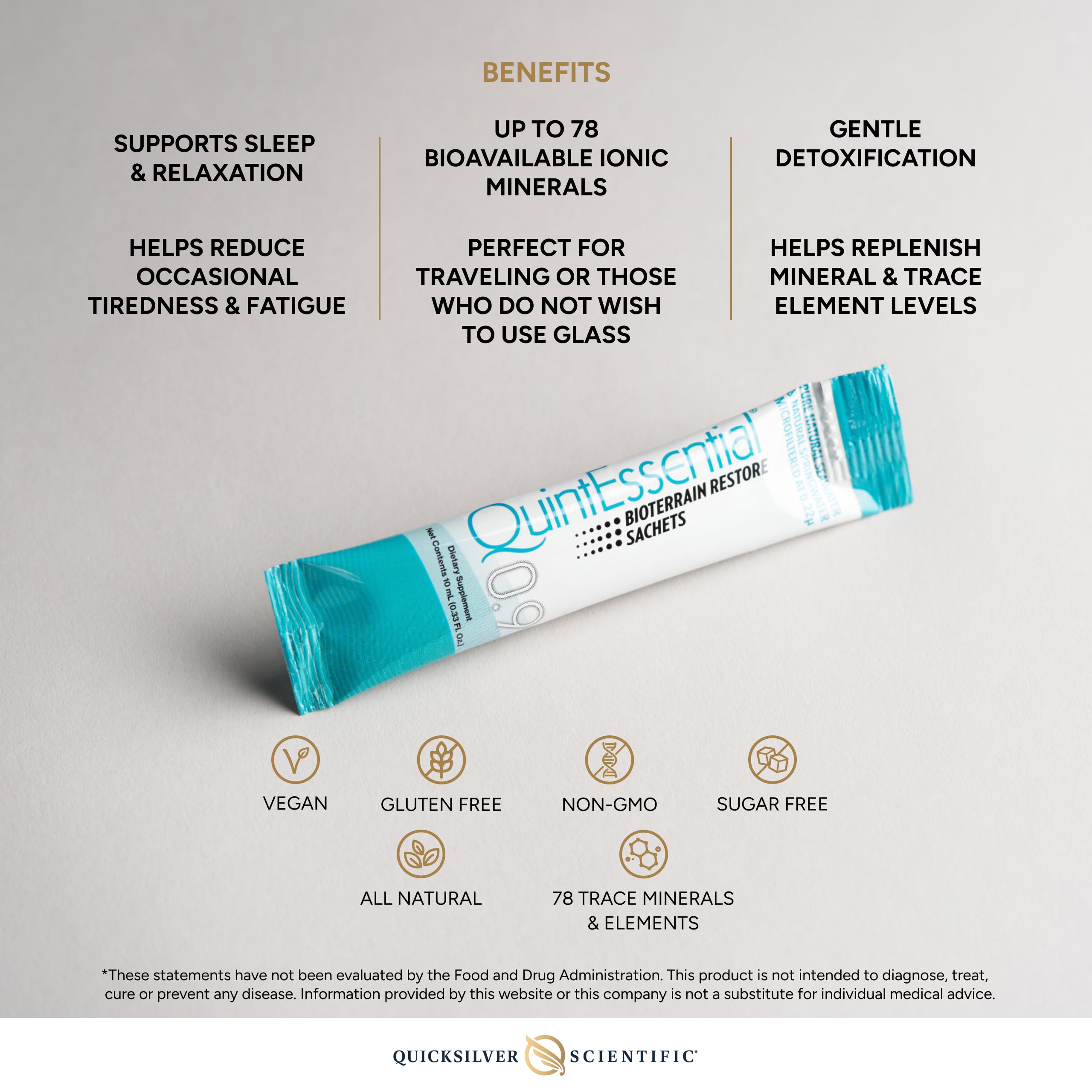 Quicksilver Quintessential 0.9 sachet beside a bottle highlighting mineral replenishment.
