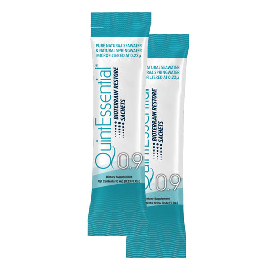 Quicksilver Scientific Quintessential 0.9 sachets pour isotonic sea minerals for on-the-go hydration.