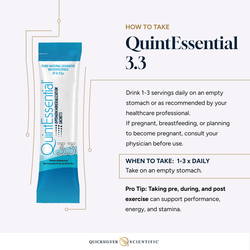 Quicksilver Scientific Quintessential 3.3 sachet with athletic use suggests stamina support