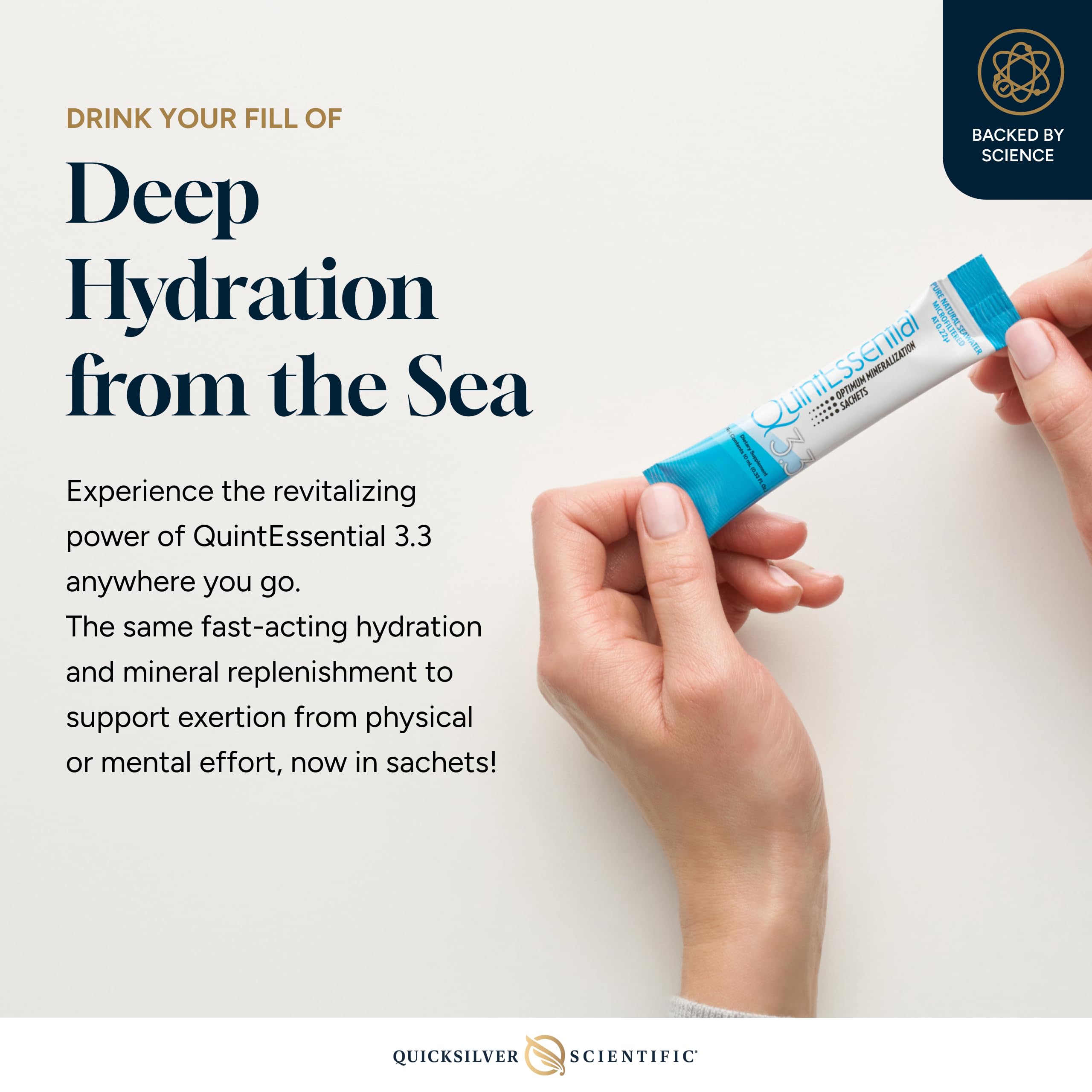 Quicksilver Scientific Quintessential 3.3 sachet dissolving in water illustrates fast hydration