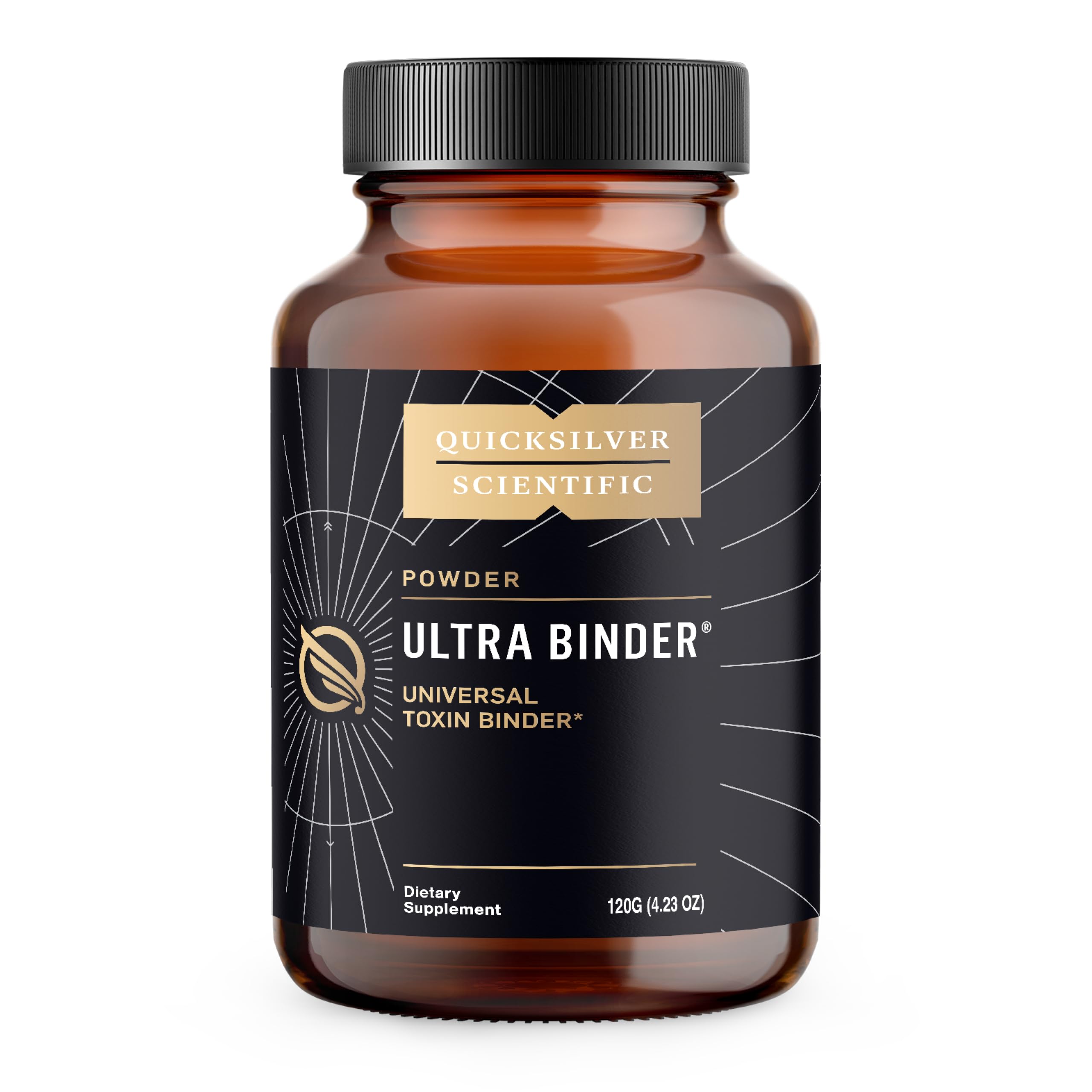 Quicksilver Scientific Ultra Binder with activated charcoal visual, supports gut toxin capture.