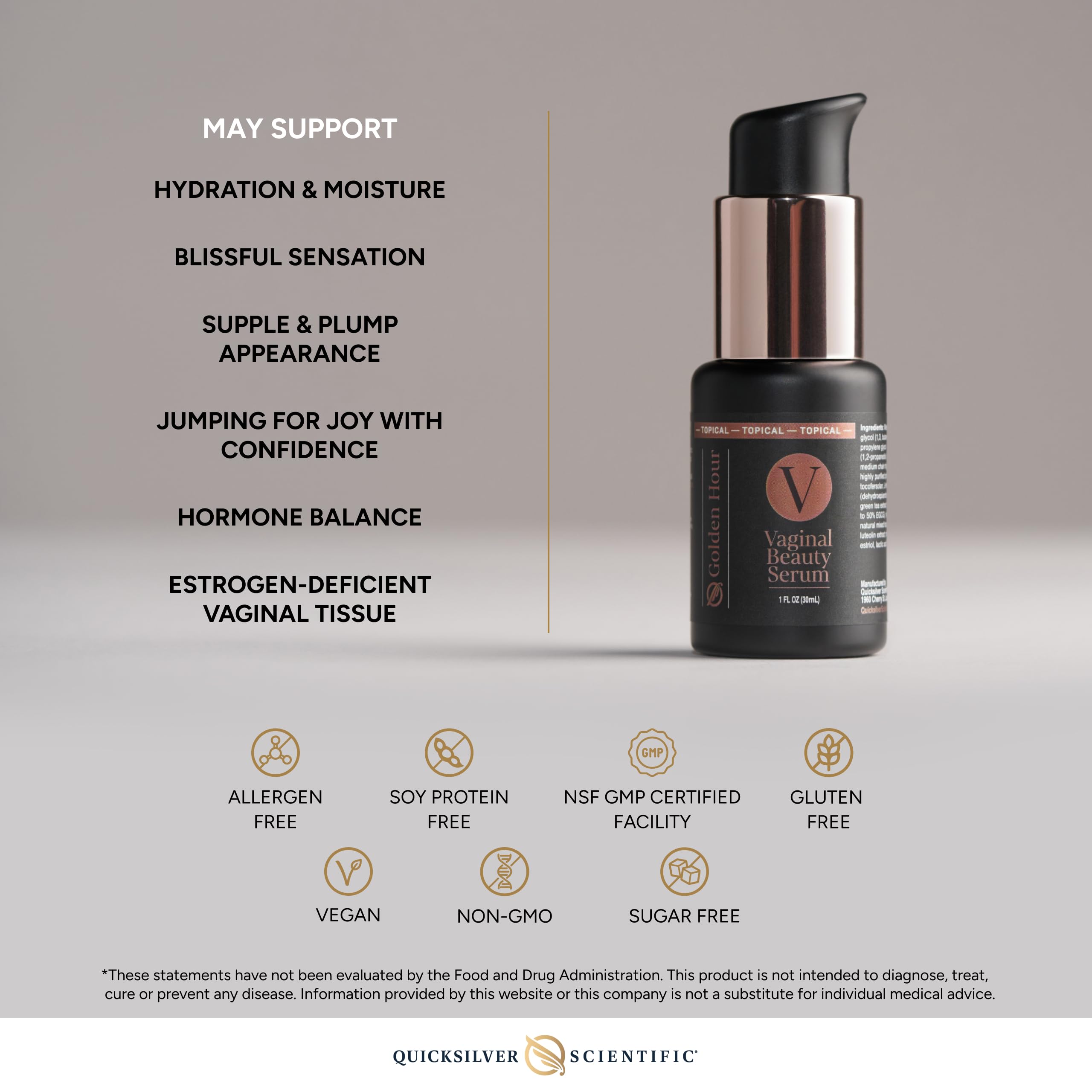 Quicksilver Scientific Vaginal Beauty Serum ingredients close-up reveals active components.
