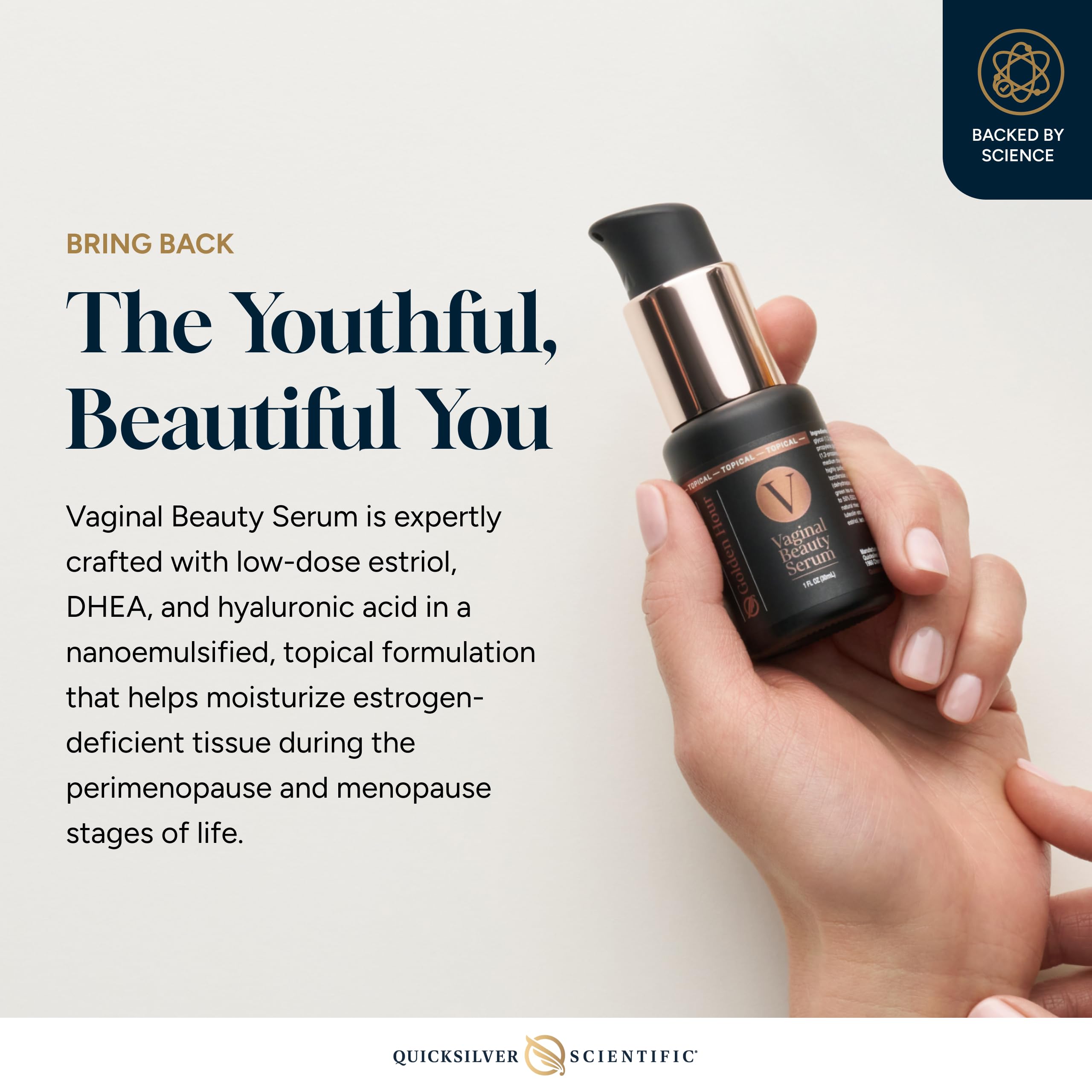 Quicksilver Scientific Vaginal Beauty Serum packaging highlights premium cosmeceutical formula.