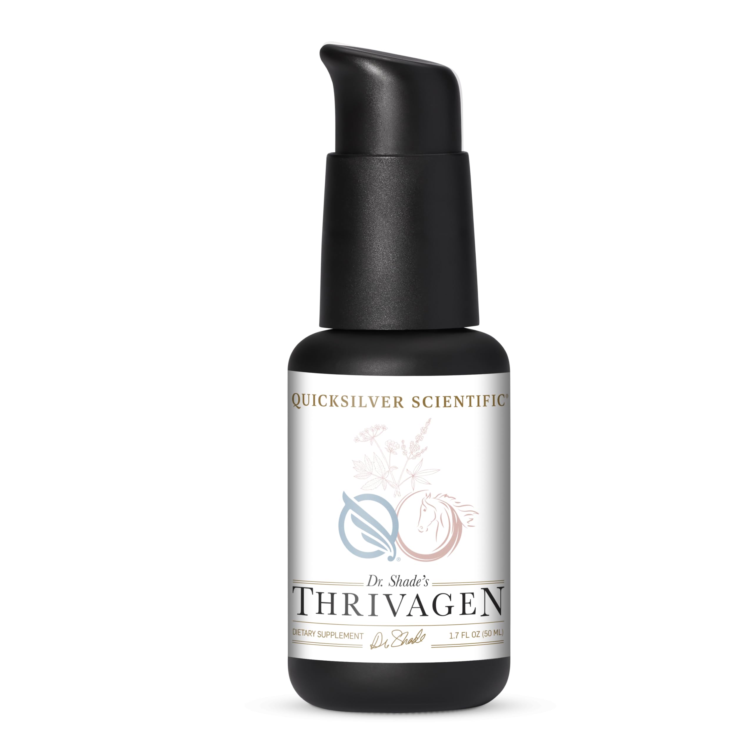 Quicksilver Thrivagen bottle label highlighting the adaptogenic blend for daily balance.