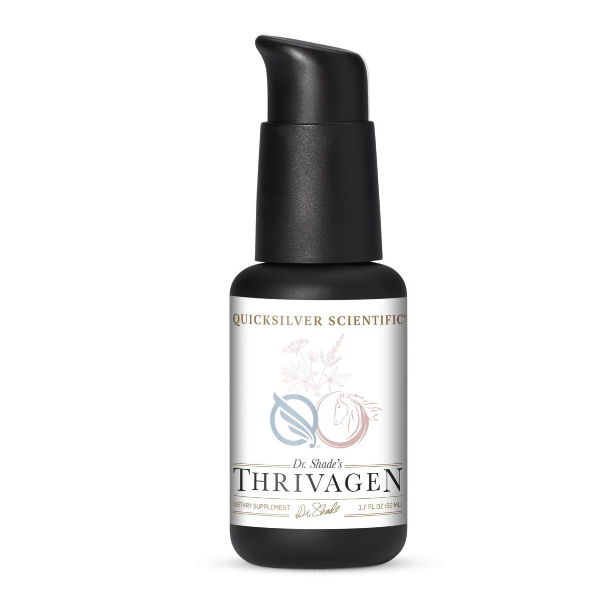 Quicksilver Thrivagen bottle label highlighting the adaptogenic blend for daily balance.