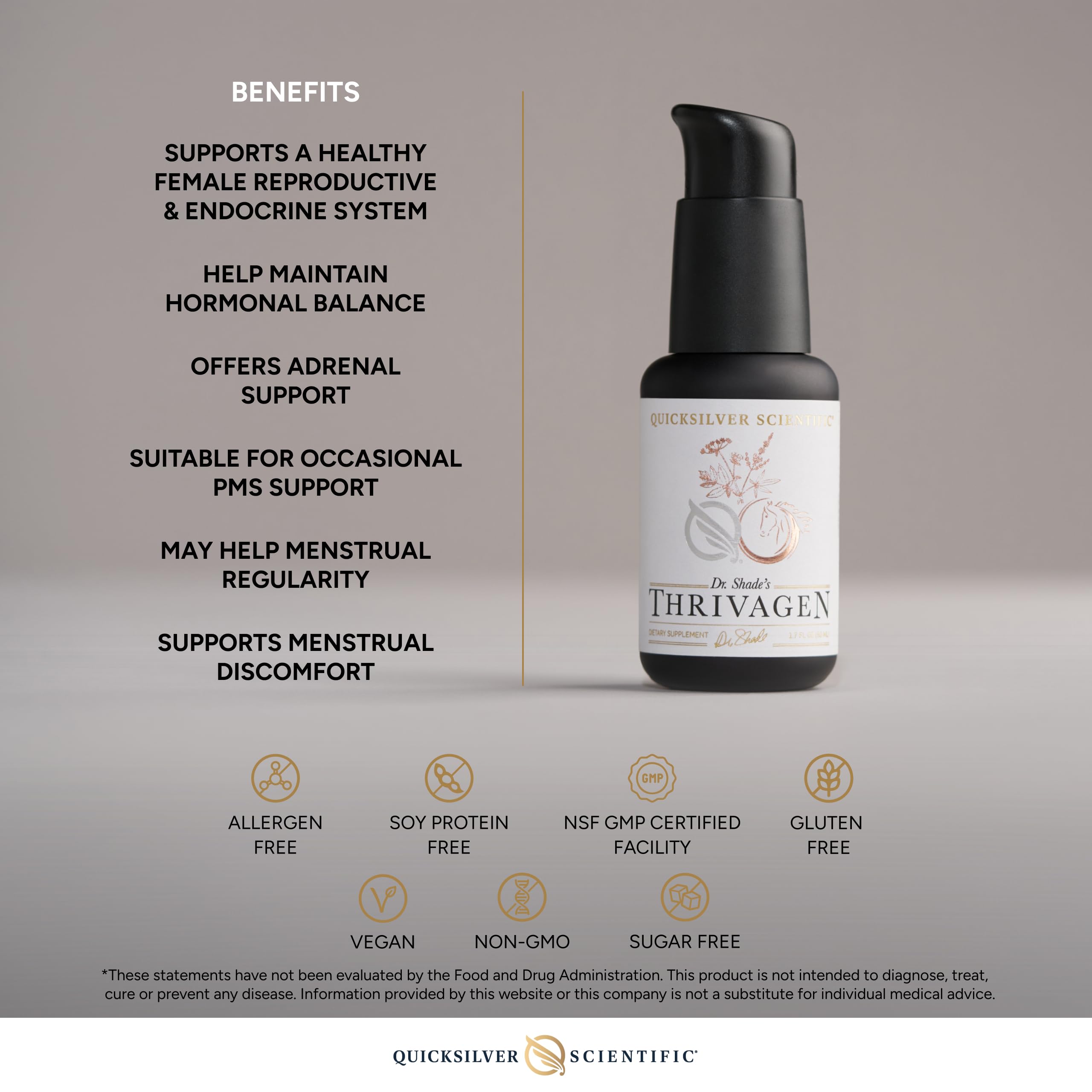 Quicksilver Thrivagen ingredient list featuring maca, rhodiola, and shatavari.