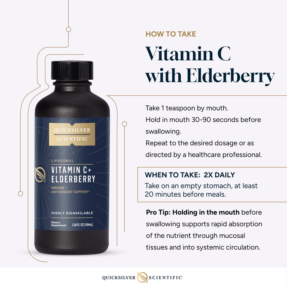 Quicksilver Liposomal Vitamin C Elderberry drops for daily resilience.