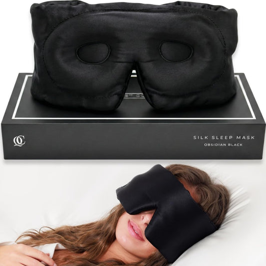 Quiet Cove Plush 3D Silk Sleep Mask front view with blackout design and lash-safe contour