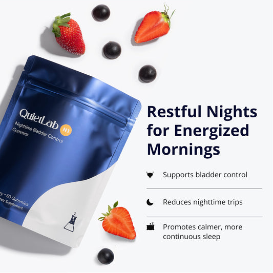 Close-up of QuietLab N1 label highlighting bladder comfort ingredients.