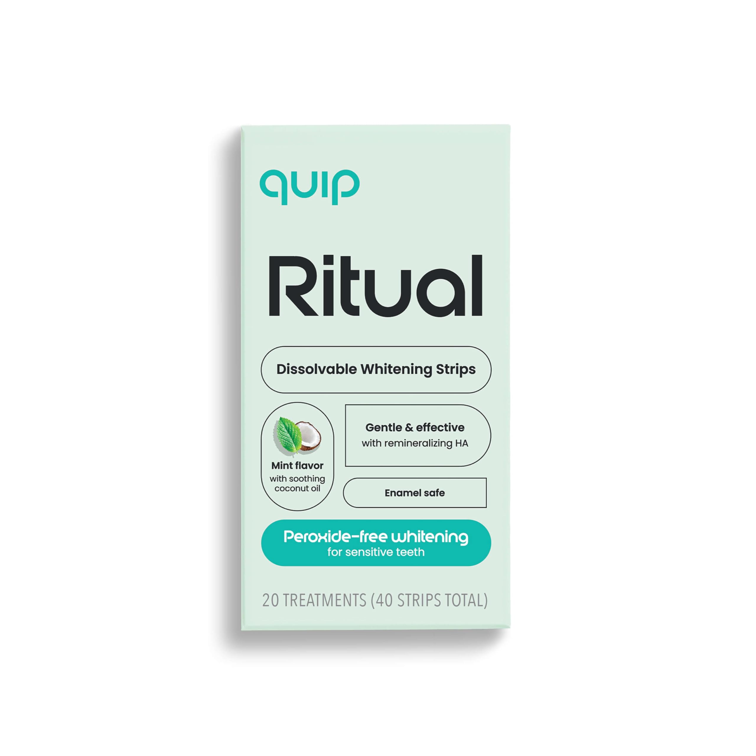 Quip Ritual dissolvable strips on the box front for simple at-home whitening