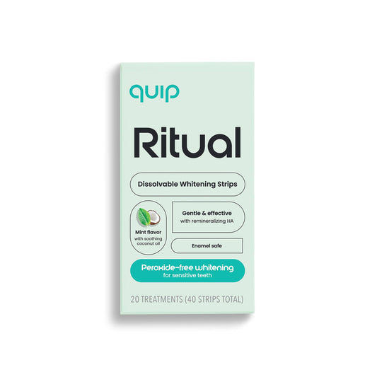 Quip Ritual dissolvable strips on the box front for simple at-home whitening