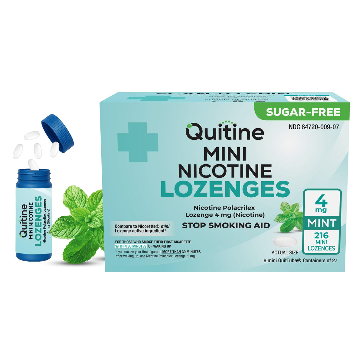 Quitine Mini Mint Lozenges pack shown, convenient 216-count box for ongoing cravings relief.