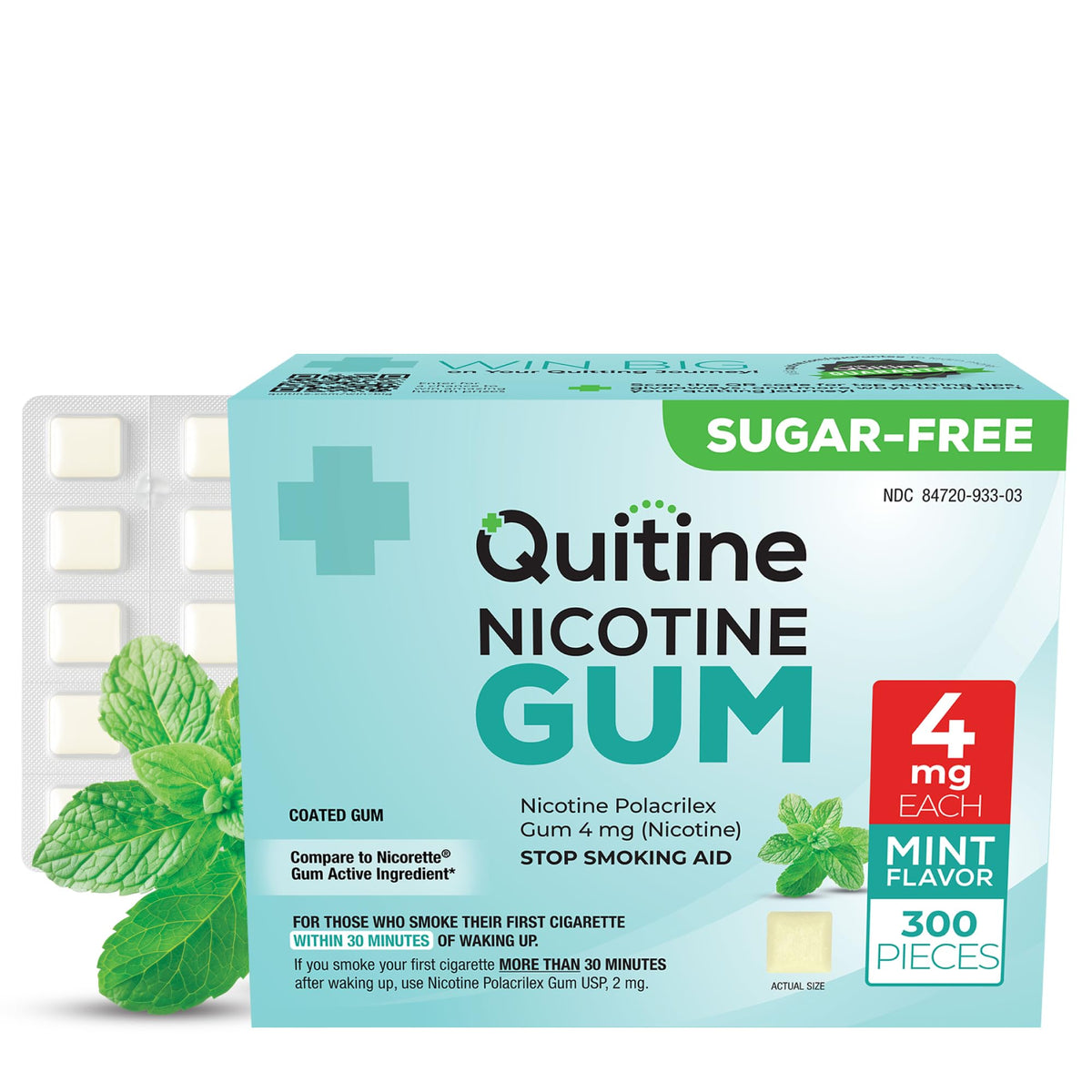 Quitine nicotine gum 4mg mint; quick-burst flavor fades and helps manage cravings discreetly.