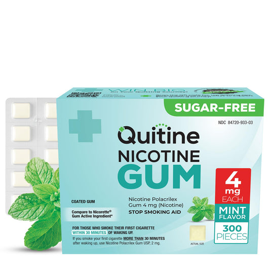 Quitine nicotine gum 4mg mint; quick-burst flavor fades and helps manage cravings discreetly.