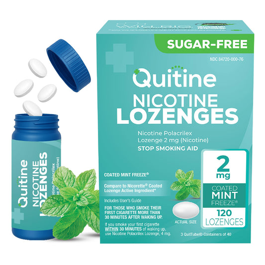 Quitine Nicotine Lozenges 2mg Mint tub shown for discreet craving relief on the go
