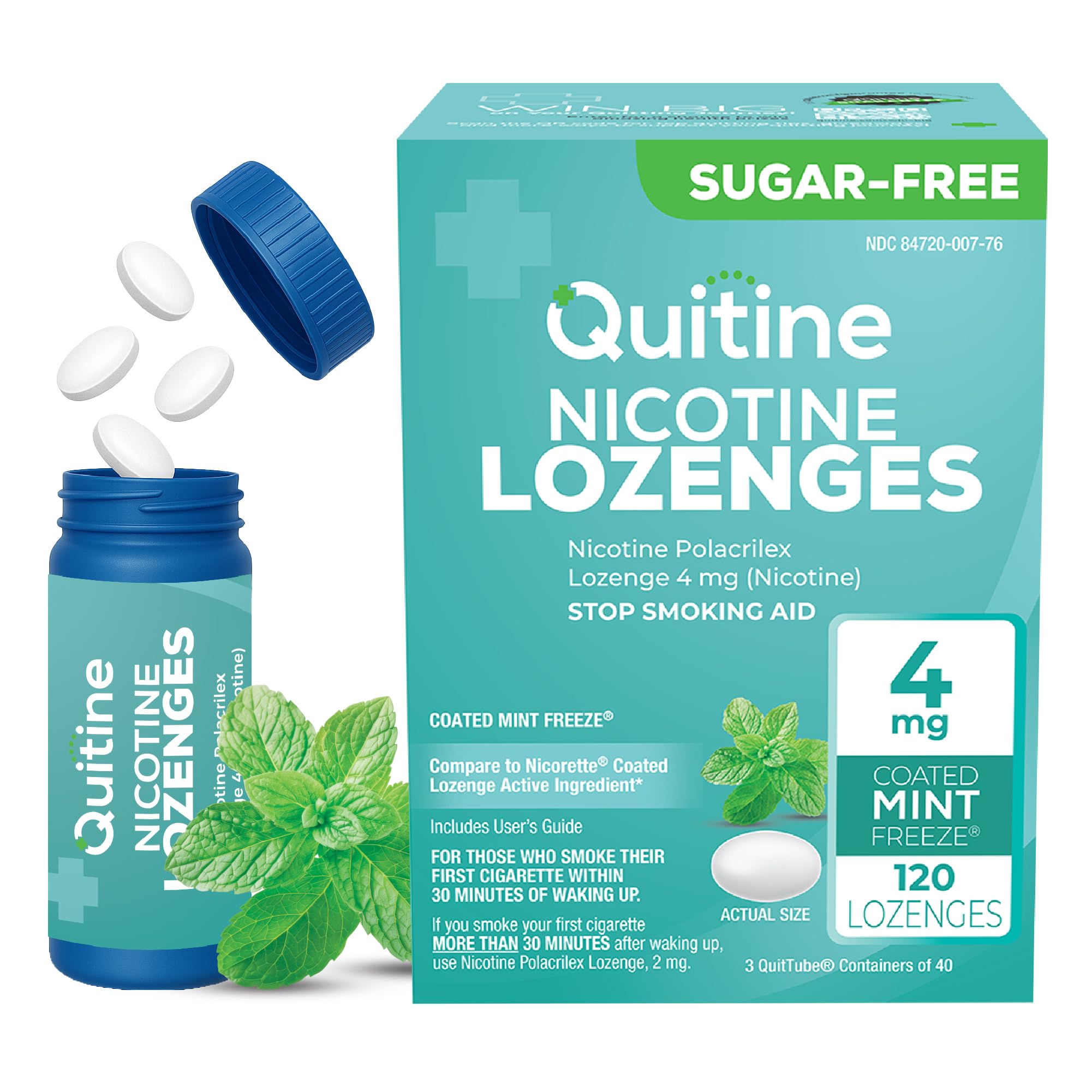 Quitine mint lozenges 4mg box front, compact craving relief for on-the-go use.
