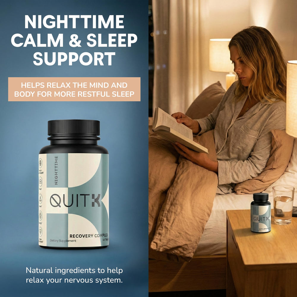 QuitK Recovery bottle back detailing usage and benefits