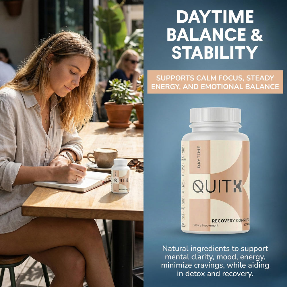 QuitK Recovery bottle front showing compact daily detox support