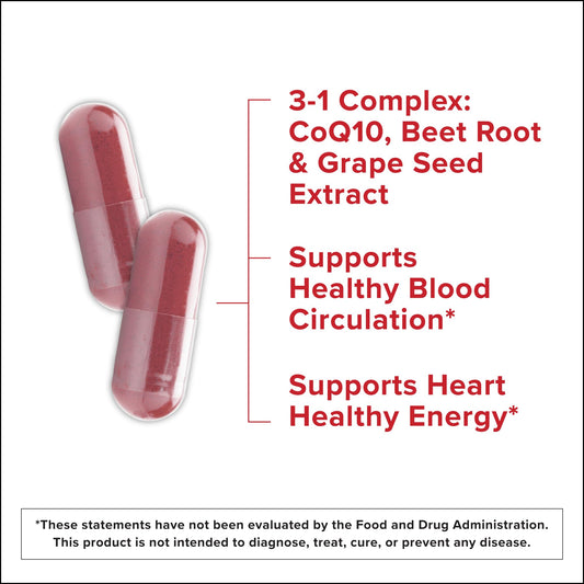 Qunol 3in1 bottle back shows ingredients and usage for heart-friendly energy
