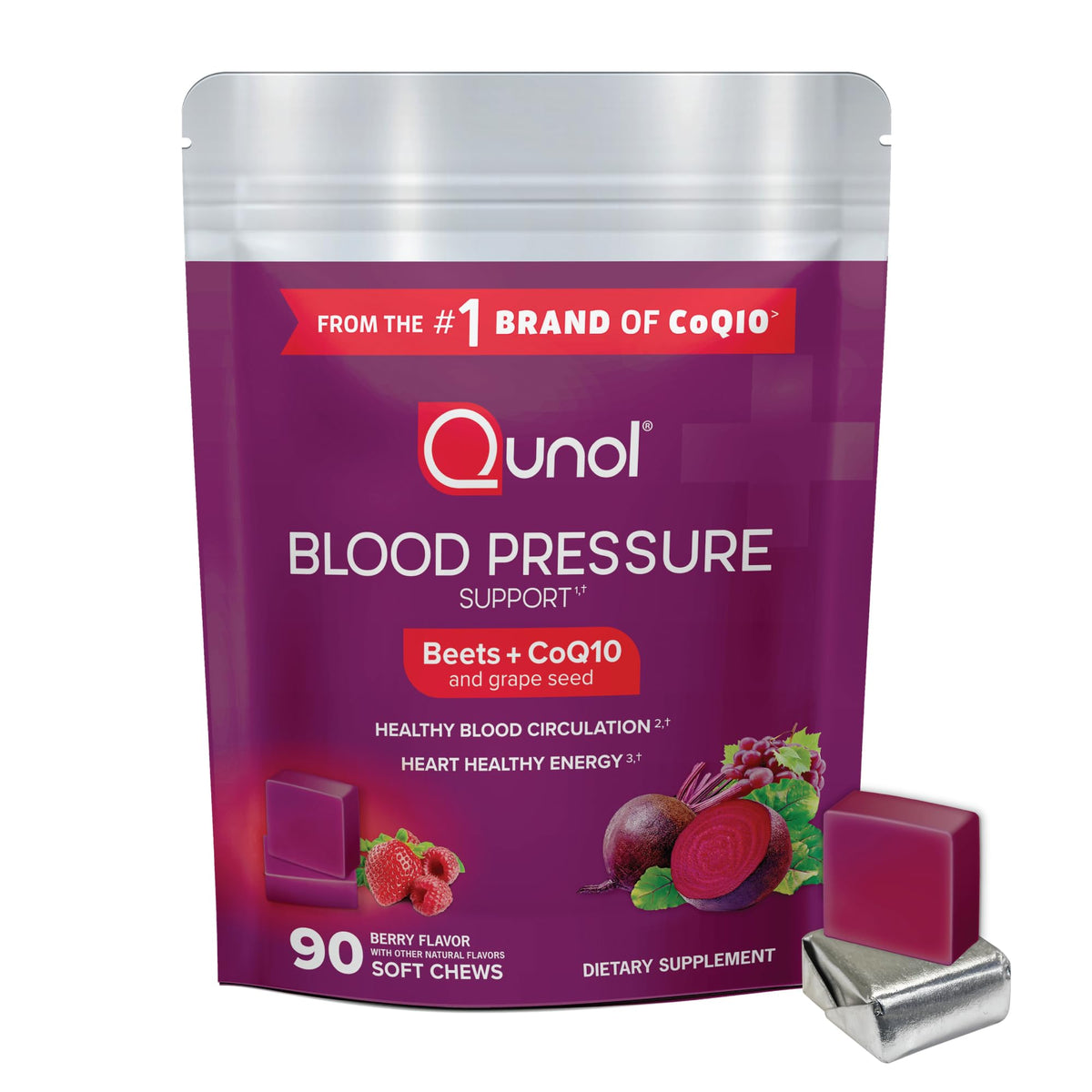 Qunol Beets Chews bottle front showing 3-in-1 formula for daily support