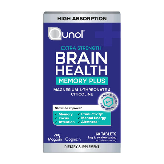 Qunol Brain Health Memory Plus bottle front with easy-to-swallow capsules for daily focus