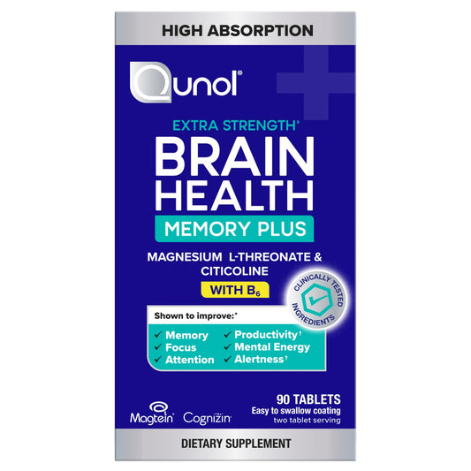 Qunol Brain Health Memory Plus bottle on desk supports daily focus.