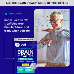 Qunol Brain Health Memory Plus scene on a desk with a glass for a daily routine.