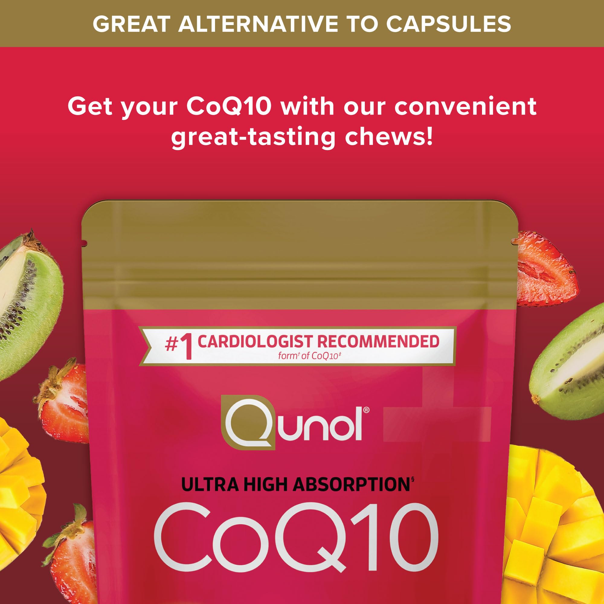 Qunol CoQ10 200mg soft chews in a bag showing portability