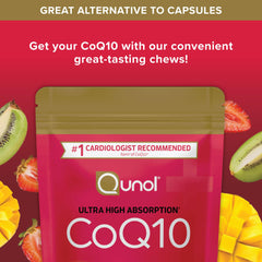 Qunol CoQ10 200mg soft chews in a bag showing portability