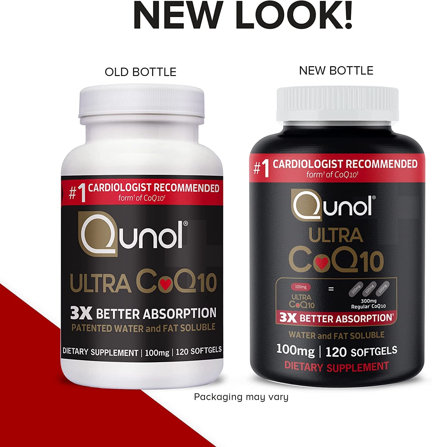 Qunol CoQ10 softgels pouring from bottle for easy use.