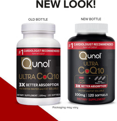 Qunol CoQ10 softgels pouring from bottle for easy use.
