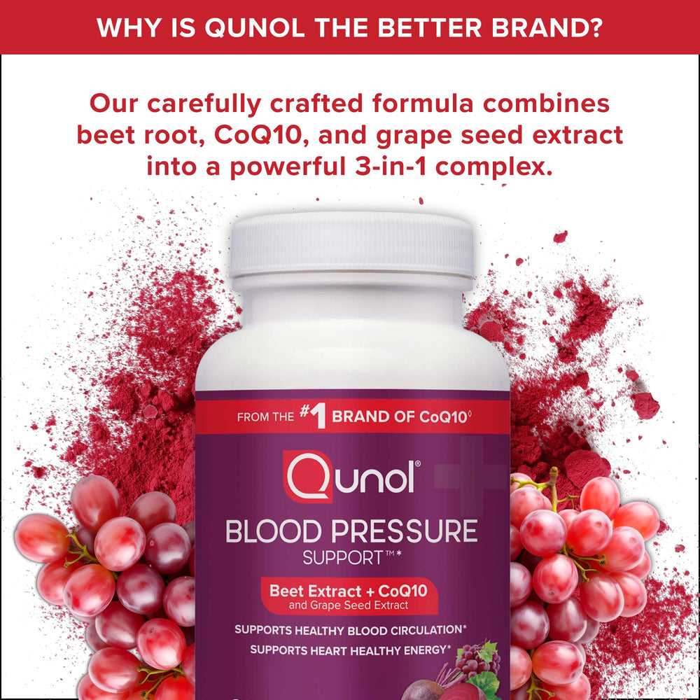 Qunol ingredients graphic highlights beet, CoQ10, grape seed benefits