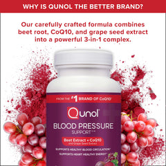 Qunol ingredients graphic highlights beet, CoQ10, grape seed benefits