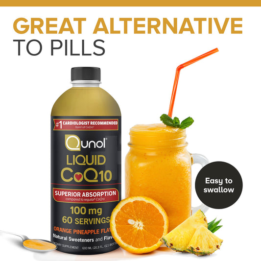 Qunol liquid CoQ10 bottle pour demonstrates easy dosing for on-the-go routine
