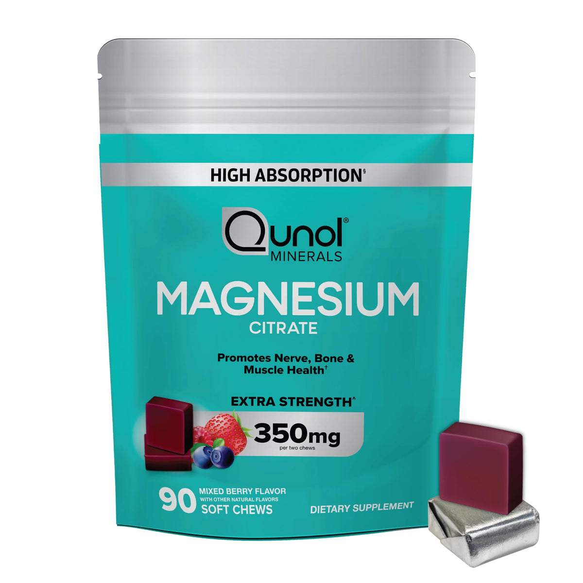 Qunol Magnesium Citrate Soft Chews bottle front promotes heart and muscle health support