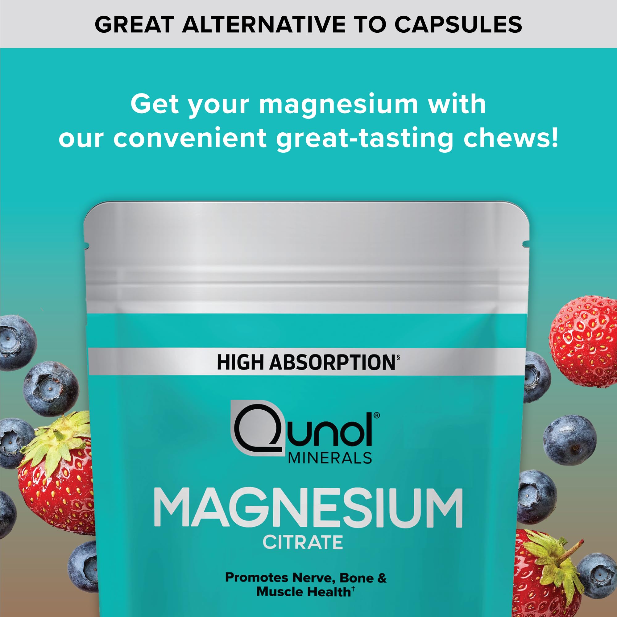 Qunol Magnesium Citrate Soft Chews vegetarian-friendly badge on bottle