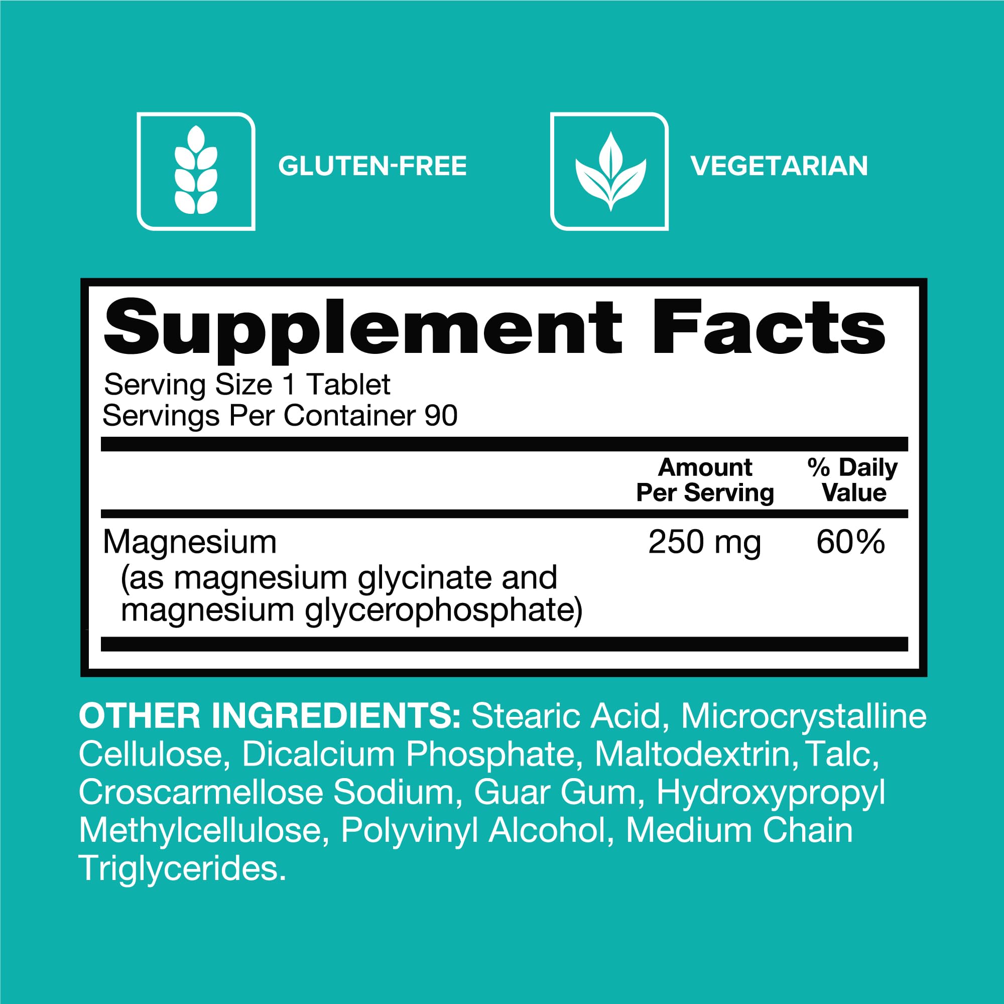 Qunol Magnesium Glycinate Complex ingredients list notes gluten-free and vegan formulation.