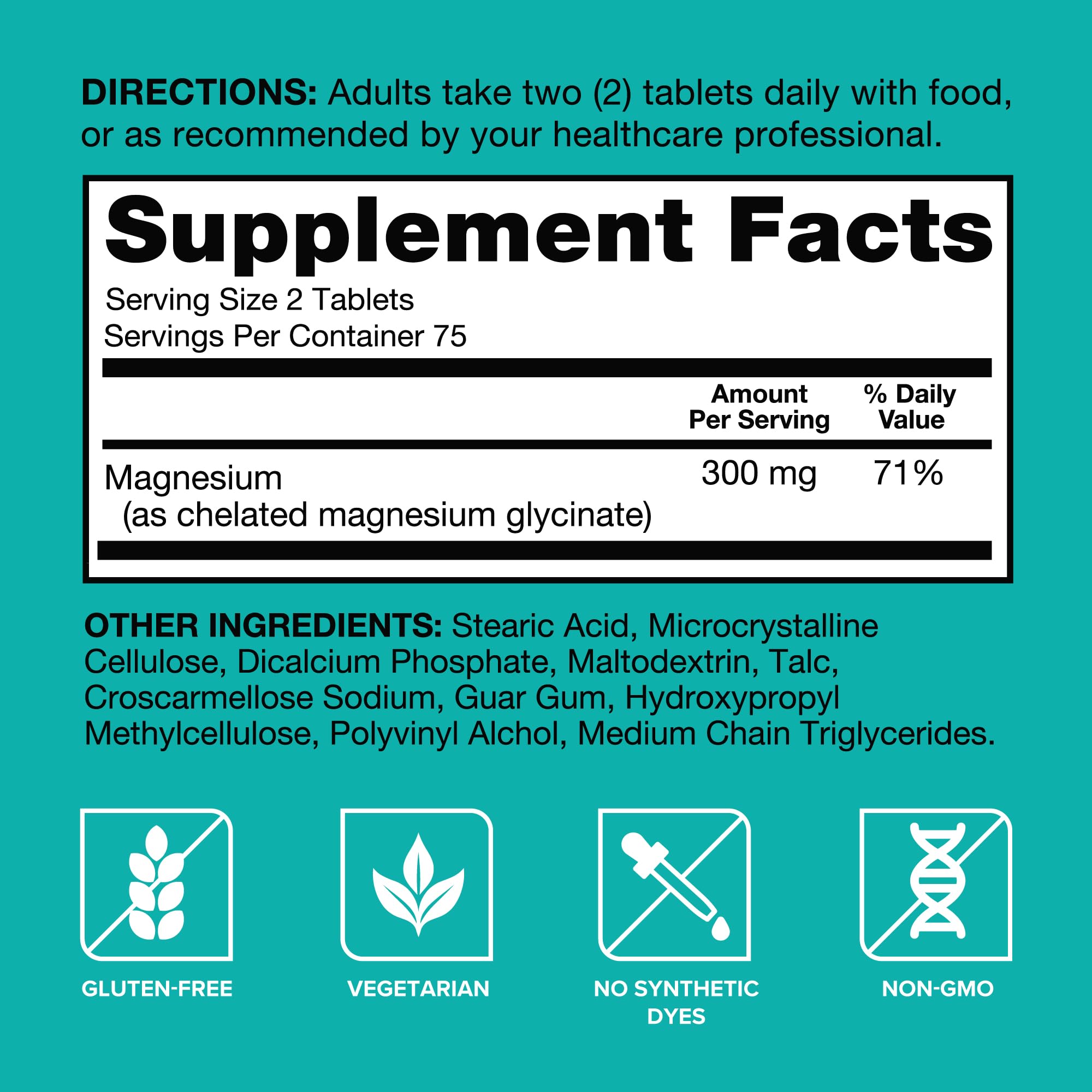 Qunol Magnesium Glycinate serving 150 tablets on bottle for long-term use
