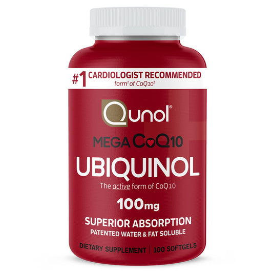 Qunol Mega Ubiquinol 100mg softgels bottle front view for daily energy support