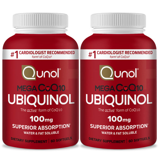 Qunol Mega Ubiquinol CoQ10 bottle pour shows patented absorption formula