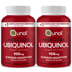 Qunol Mega Ubiquinol CoQ10 bottle pour shows patented absorption formula