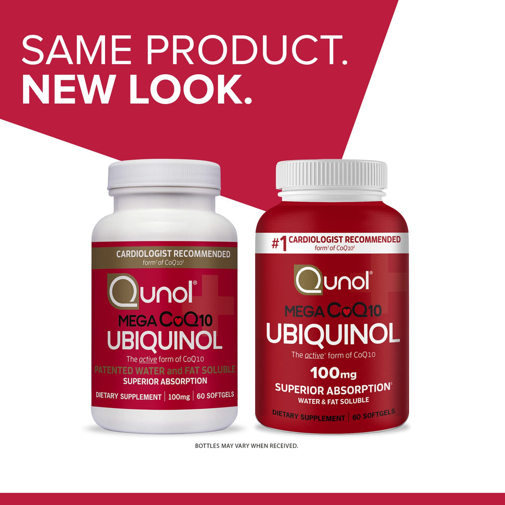 Qunol Mega Ubiquinol CoQ10 label details show 100 mg potency