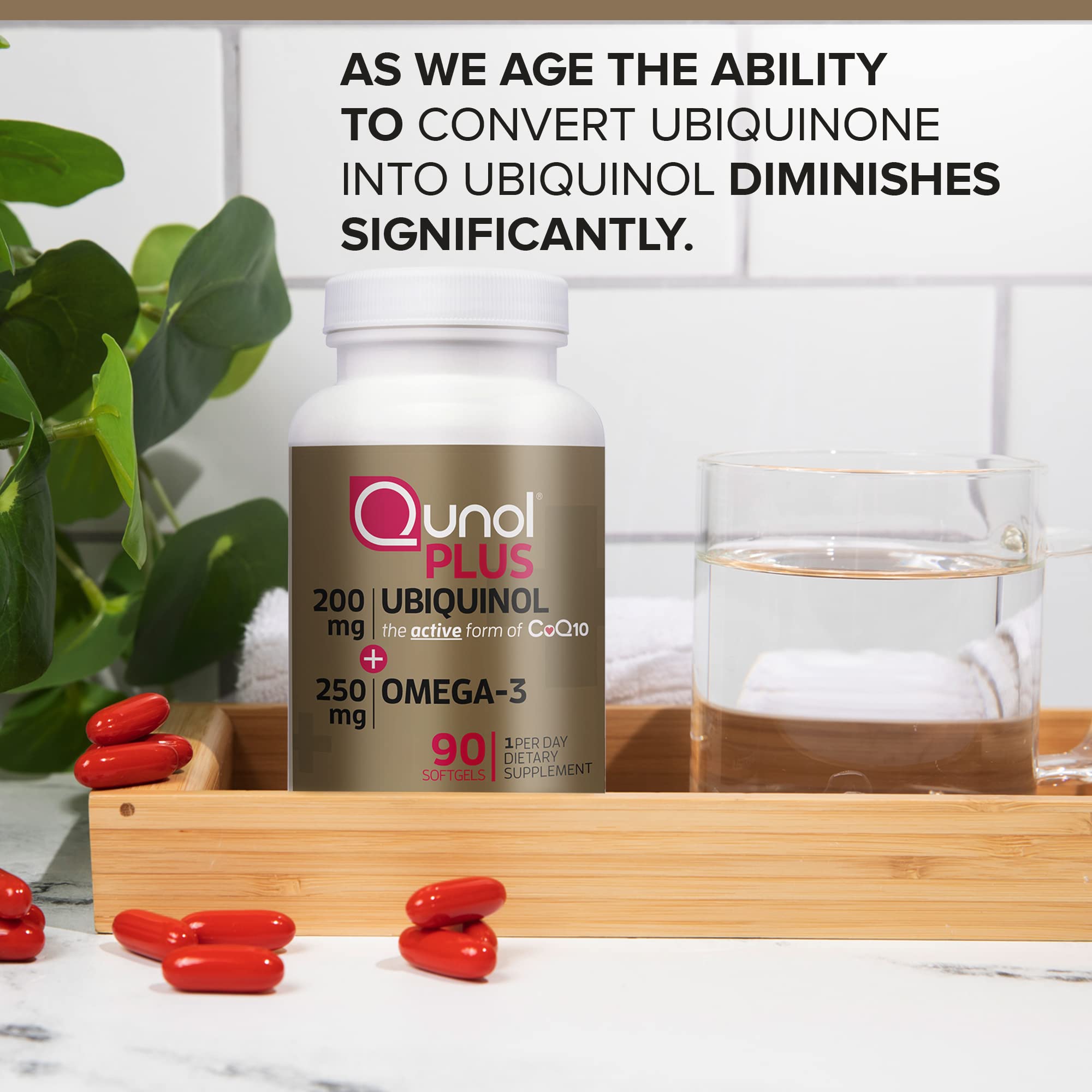 Qunol Plus capsules close-up emphasizing ubiquinol content.